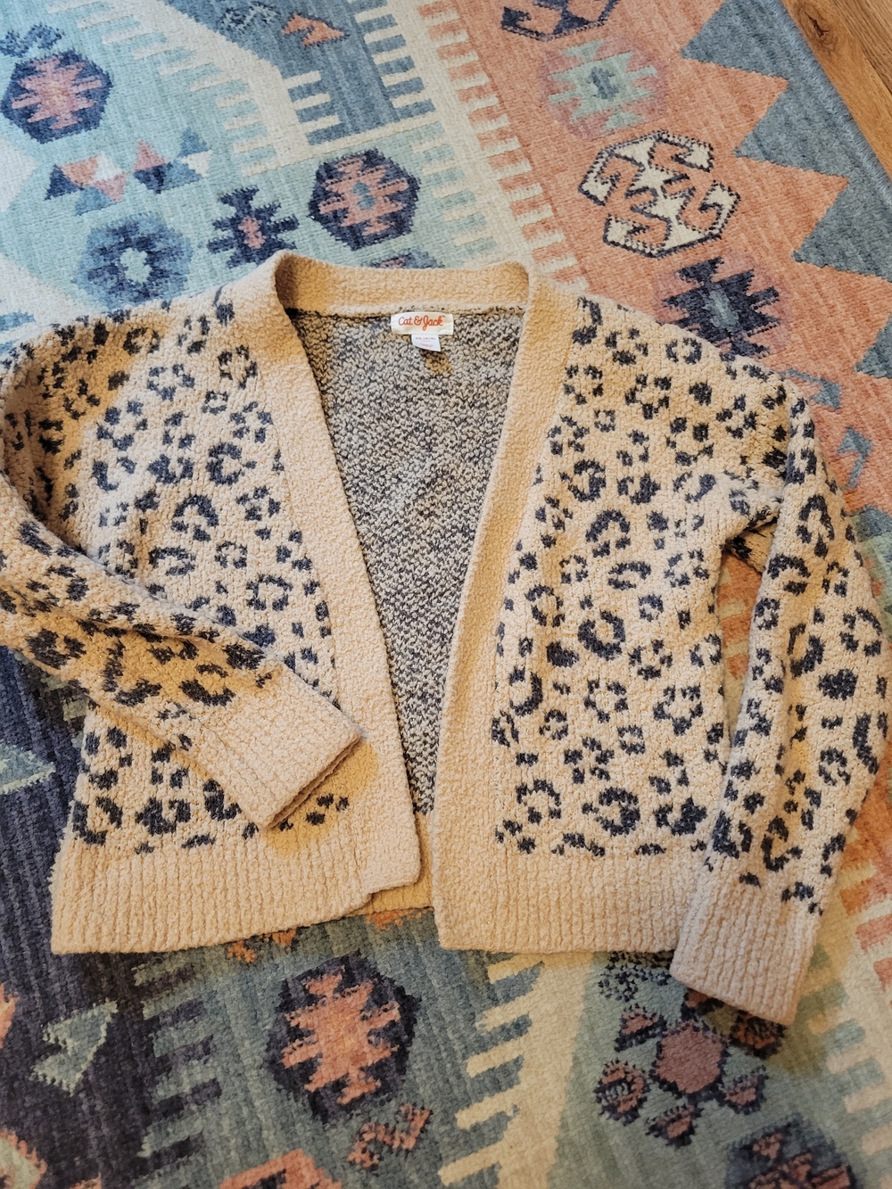 Cat & Jack Beige Leopard Print Open-Front Cardigan Girls (4/5, XS)